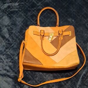 Patchwork Leather Tote Bag - Brown and Tan